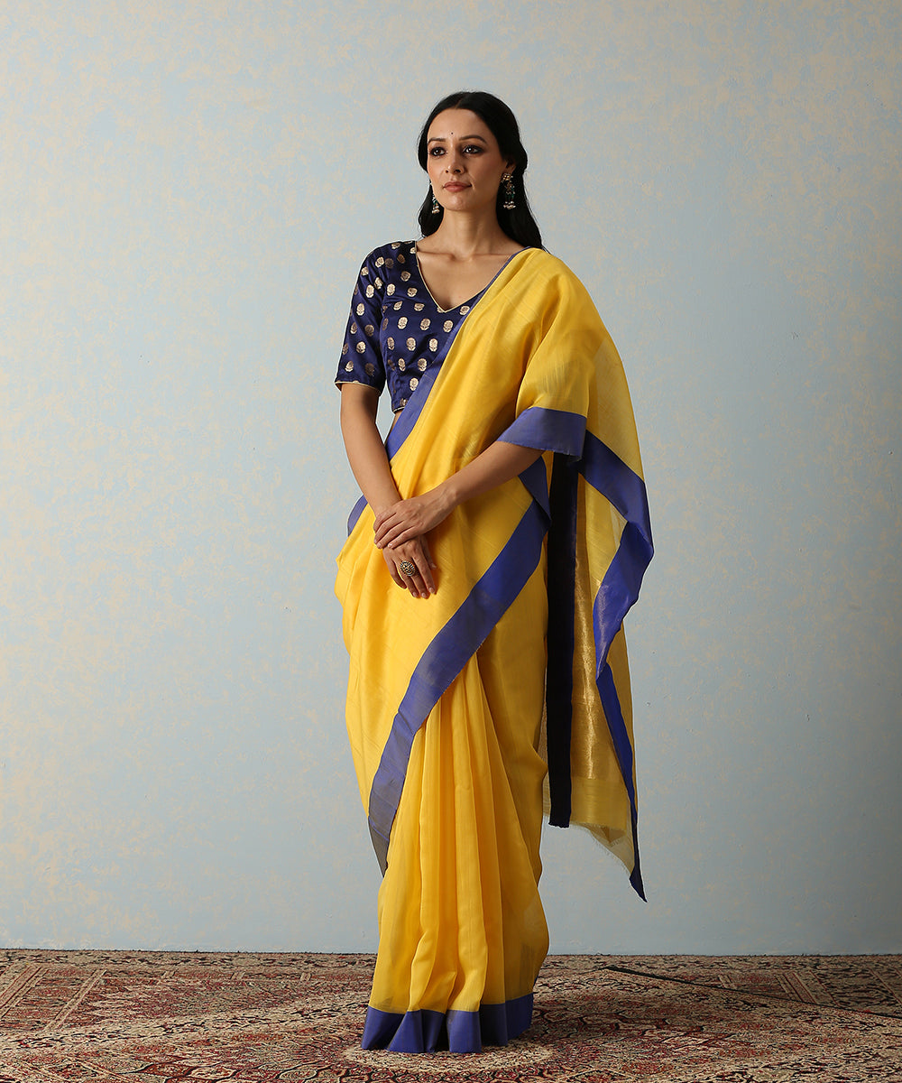 Yellow_Handloom_Cotton_Silk_Chanderi_Saree_With_Blue_Mashroo_Border_WeaverStory_02