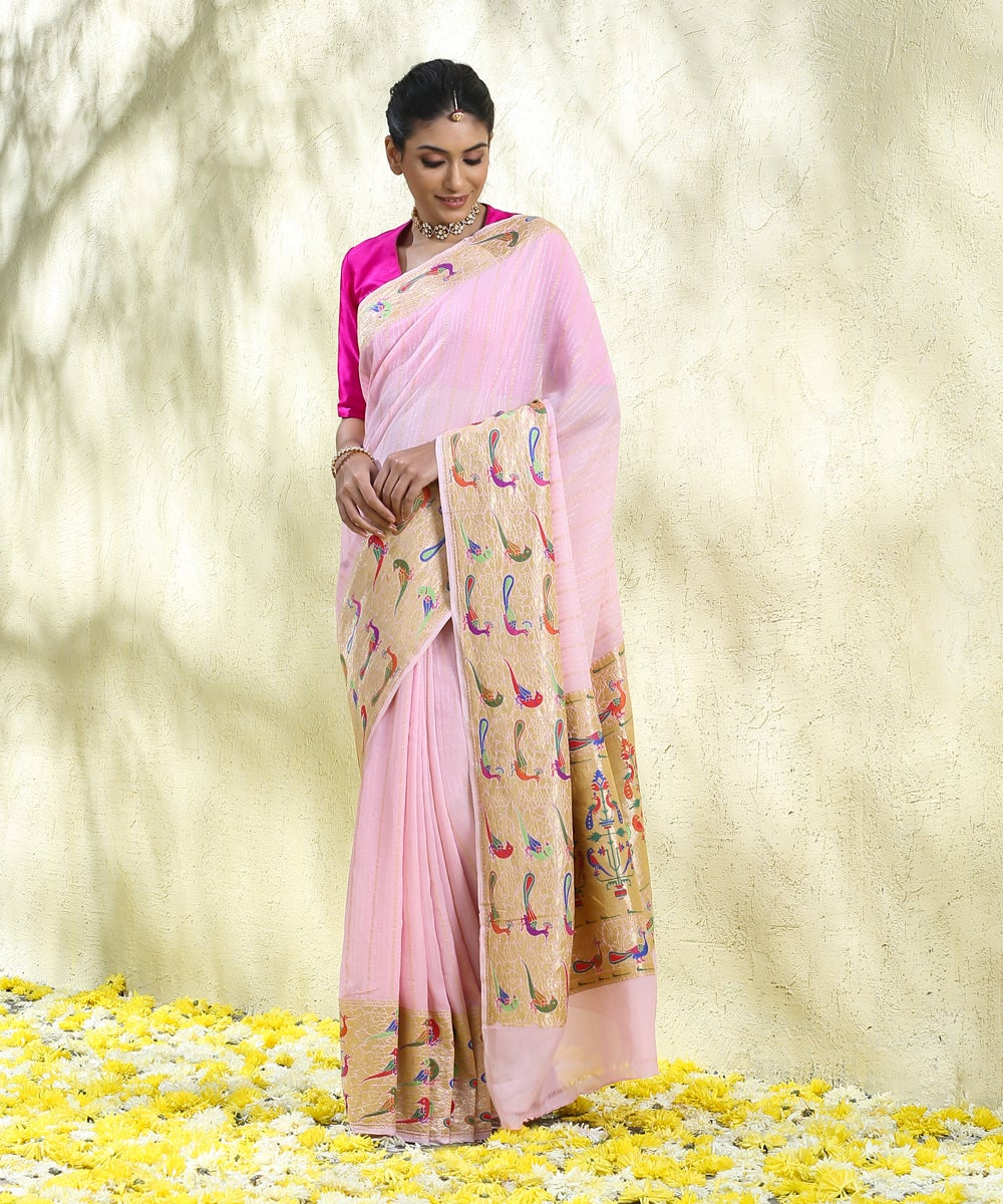 Baby_Pink_Handloom_Striped_Georgette_Banarasi_Saree_With_Kadhwa_Border_With_Birds_WeaverStory_02