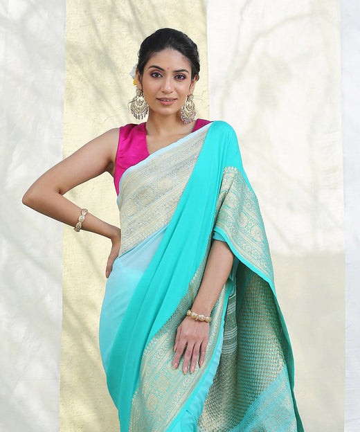 Aqua Blue Handloom Chiffon Light Gold Zari Banarasi Saree