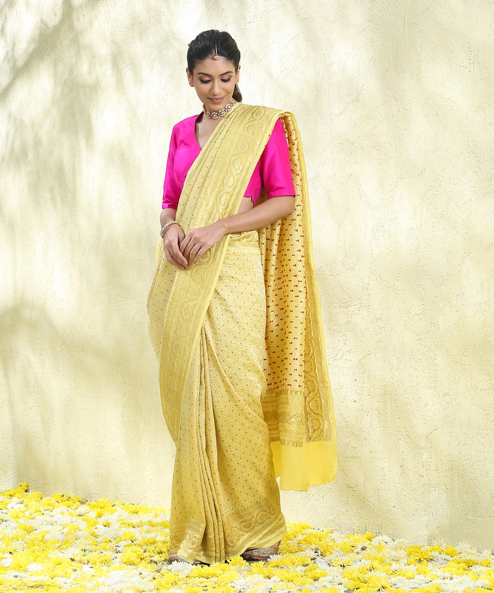 Yellow_Handloom_Tanchoi_Pure_Georgette_Banarasi_Saree_With_Red_Meenakari_WeaverStory_02