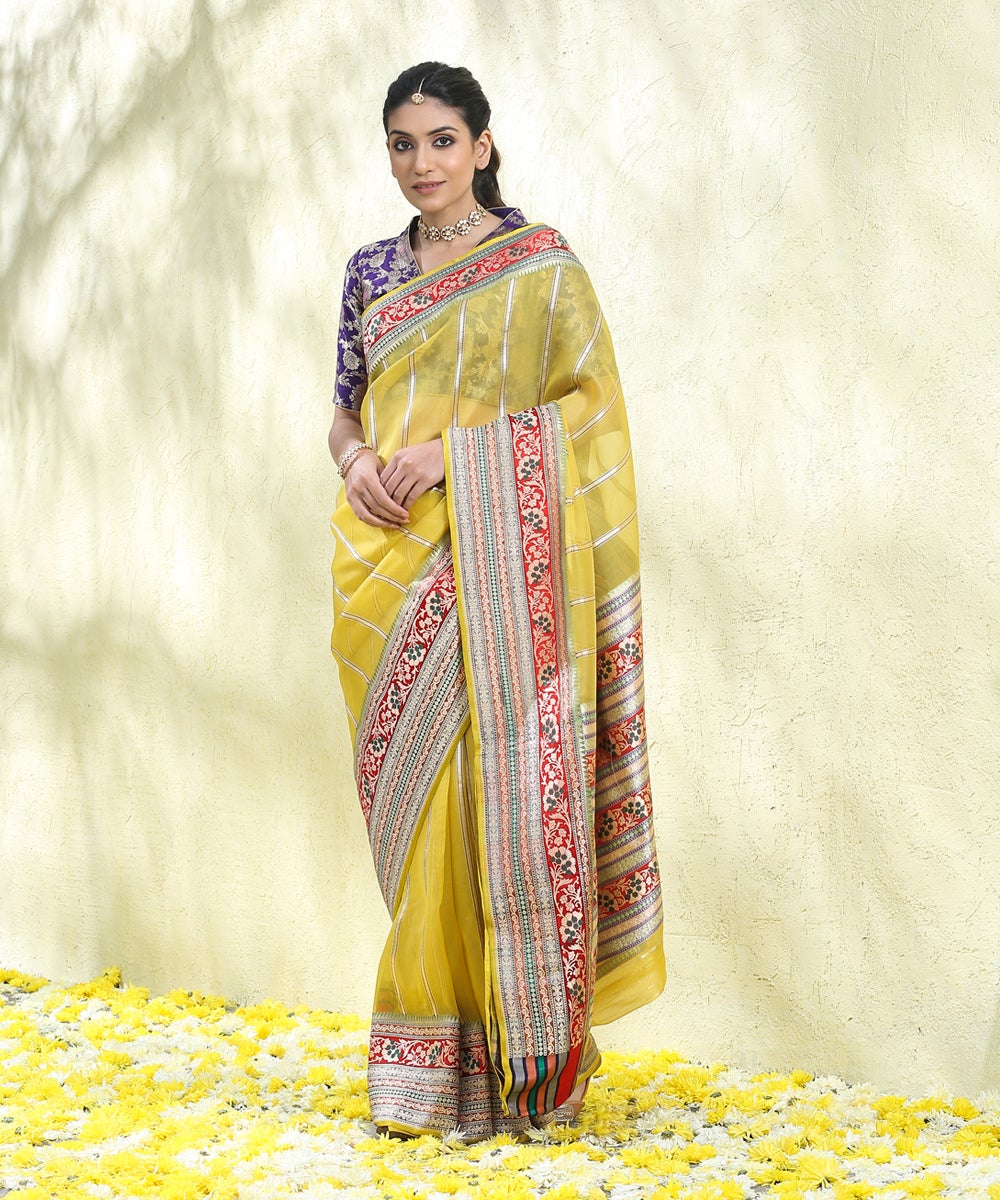 Handloom_Yellow_Kora_Silk_Banarasi_Saree_With_Multi_Color_Border_And_Zari_Stripes_WeaverStory_02