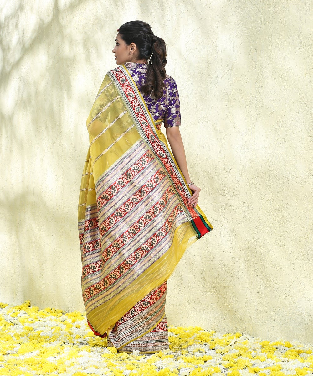Handloom_Yellow_Kora_Silk_Banarasi_Saree_With_Multi_Color_Border_And_Zari_Stripes_WeaverStory_03