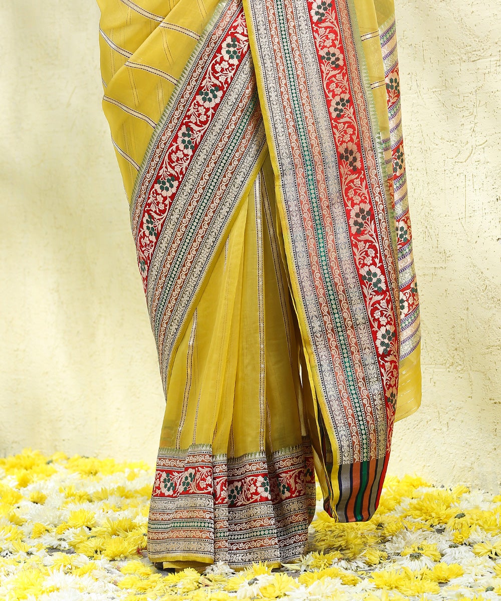 Handloom_Yellow_Kora_Silk_Banarasi_Saree_With_Multi_Color_Border_And_Zari_Stripes_WeaverStory_04
