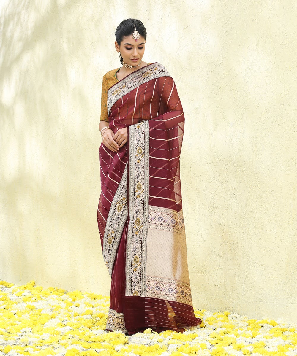 Dark_Wine_Handloom_Kora_Silk_Banarasi_Saree_With_Green_Satin_Meenakari_Border_WeaverStory_02
