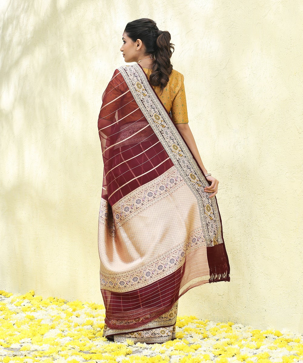 Dark_Wine_Handloom_Kora_Silk_Banarasi_Saree_With_Green_Satin_Meenakari_Border_WeaverStory_03