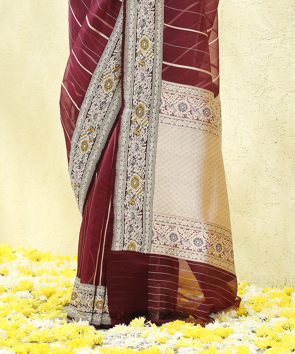 Dark_Wine_Handloom_Kora_Silk_Banarasi_Saree_With_Green_Satin_Meenakari_Border_WeaverStory_04