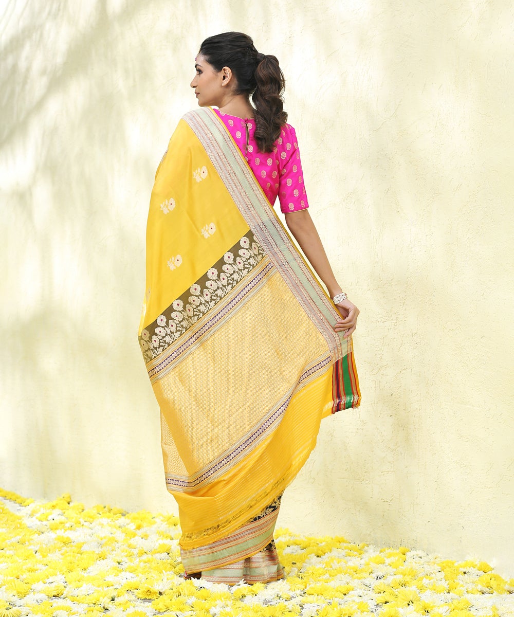 Yellow_Handloom_Pure_Katan_Silk_Banarasi_Saree_With_Blue_And_Red_Multicolor_Border_WeaverStory_03