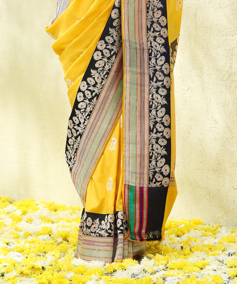 Yellow_Handloom_Pure_Katan_Silk_Banarasi_Saree_With_Blue_And_Red_Multicolor_Border_WeaverStory_04
