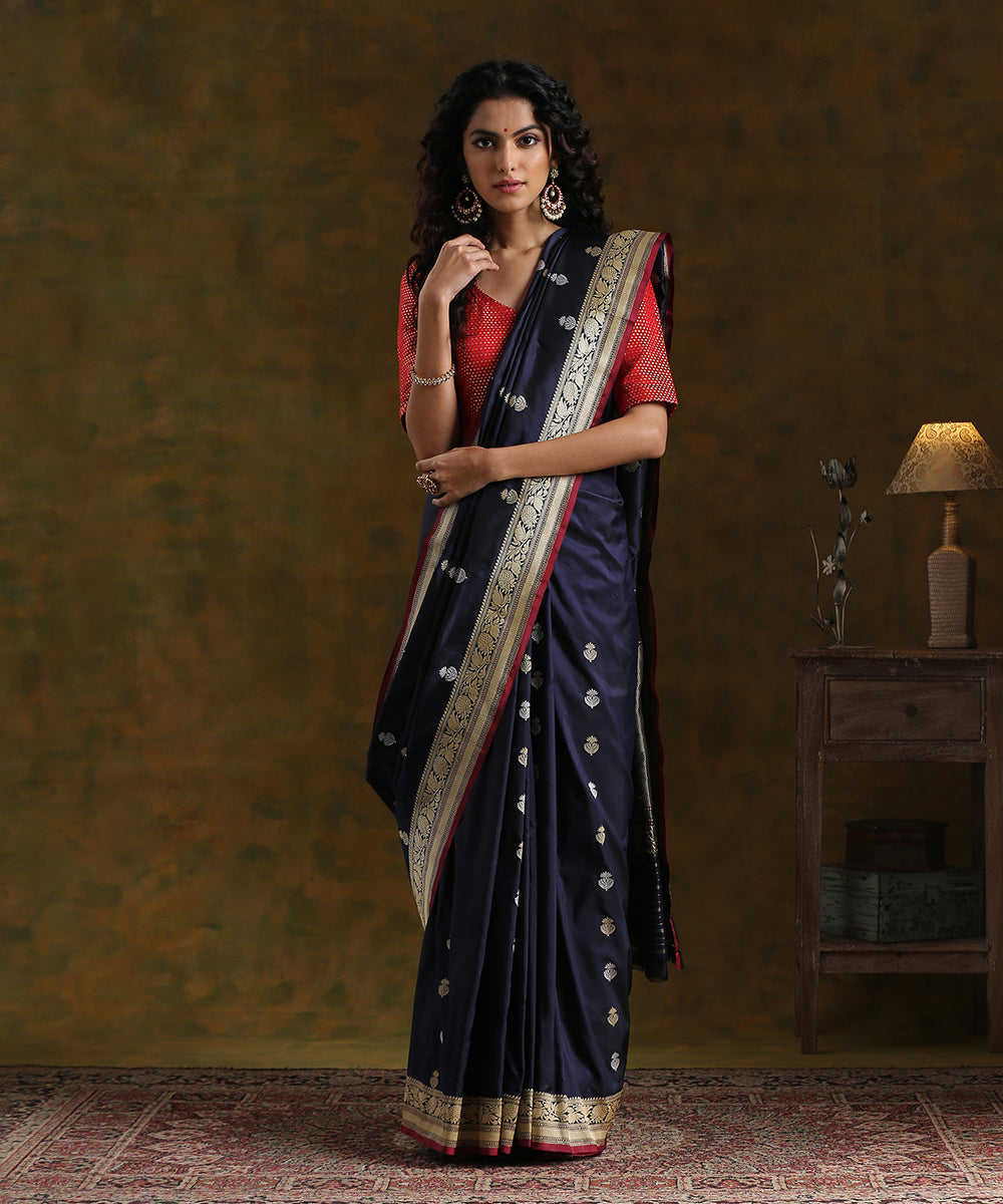 Handloom_Blue_and_Black_Pure_Katan_Silk_Banarasi_Saree_Kadhwa_Booti_WeaverStory_02