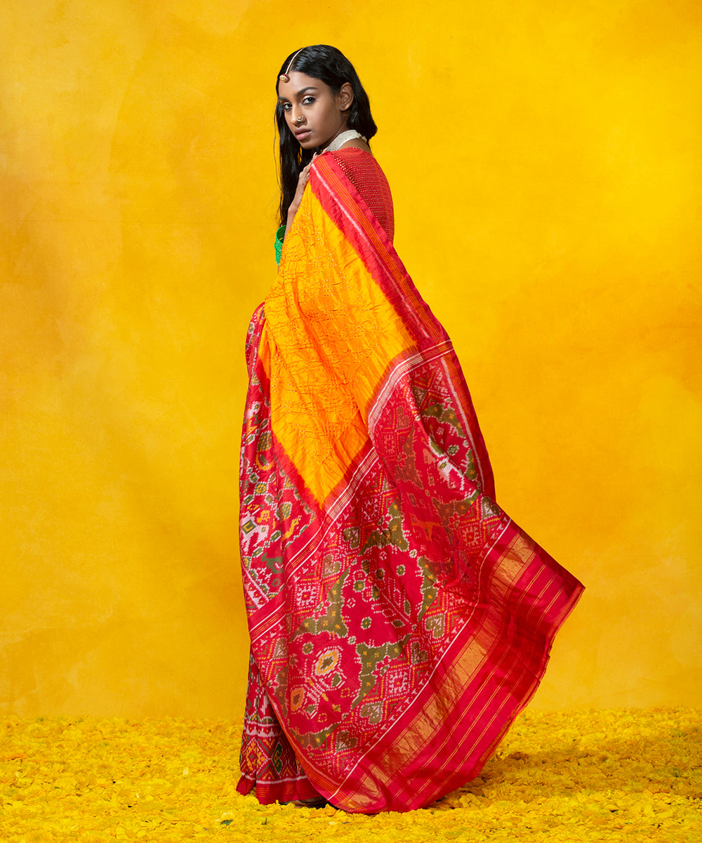 Handloom_Orange_Mulberry_Silk_Bandhani_Saree_With_Red_Patola_Border_WeaverStory_03