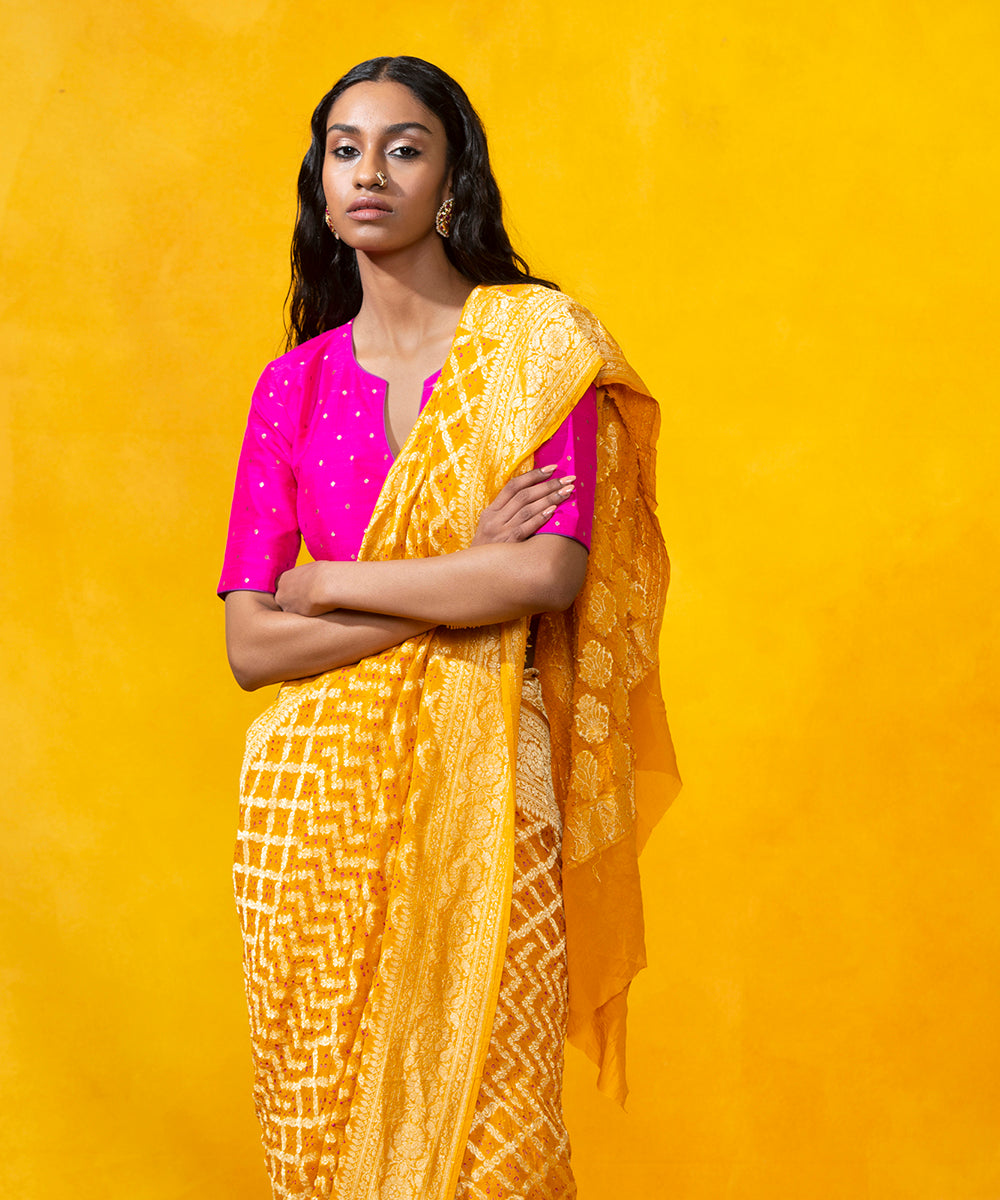 Handloom_Yellow_Georgette_Banarasi_Bandhej_Saree_with_Zari_Border_WeaverStory_01