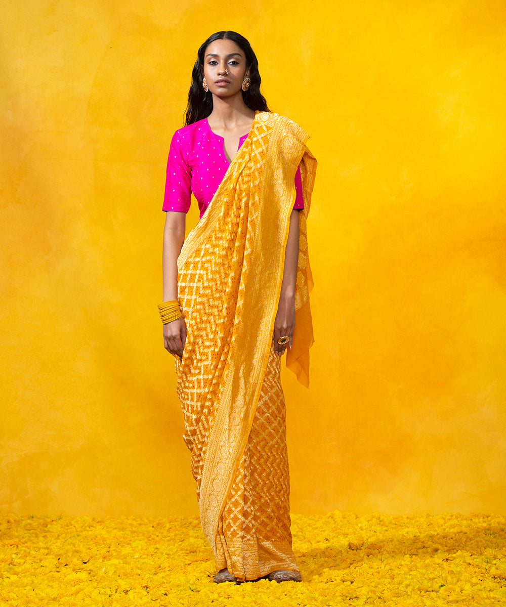 Handloom_Yellow_Georgette_Banarasi_Bandhej_Saree_with_Zari_Border_WeaverStory_02