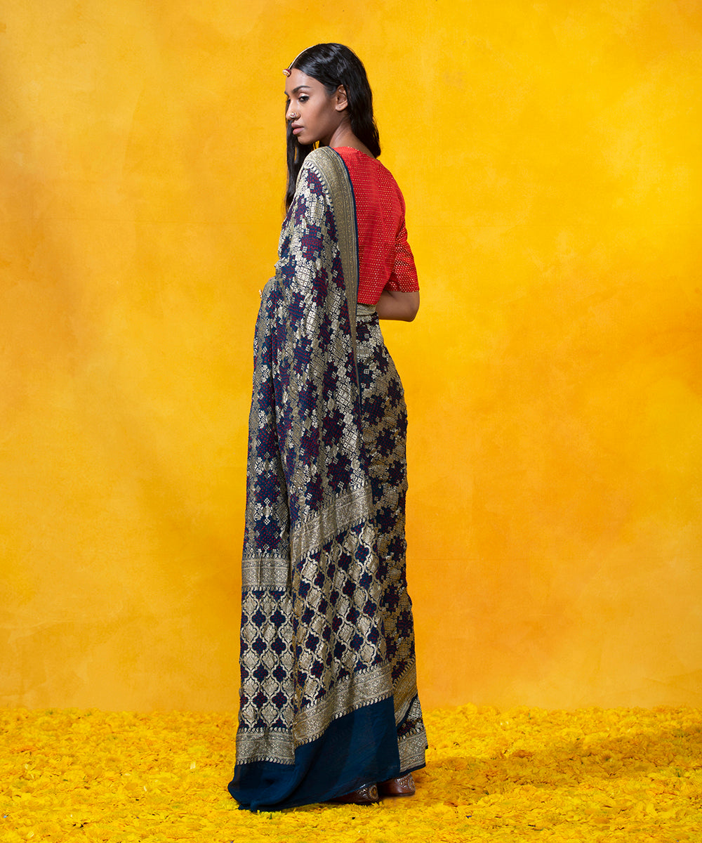 Handloom_Navy_blue_Georgette_Banarasi_Saree_with_Zari_Border_WeaverStory_03