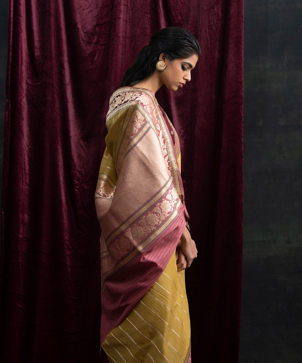 Handloom_Mustard_Organza_and_Silk_Banarasi_Saree_With_Pink_Border_WeaverStory_01