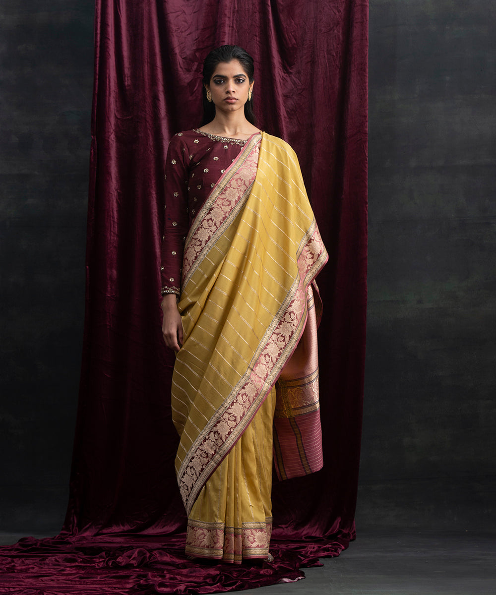 Handloom_Mustard_Organza_and_Silk_Banarasi_Saree_With_Pink_Border_WeaverStory_02