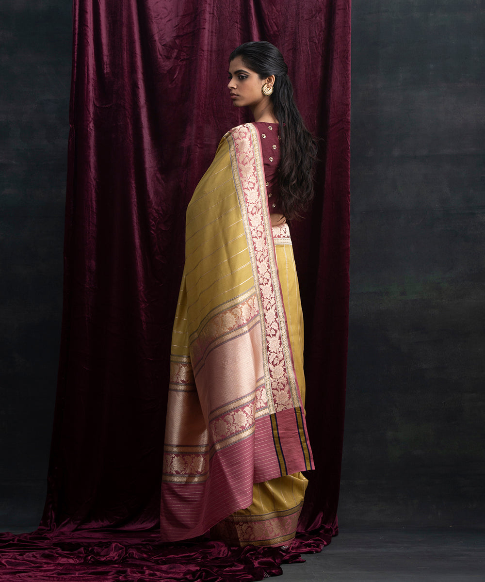 Handloom_Mustard_Organza_and_Silk_Banarasi_Saree_With_Pink_Border_WeaverStory_03
