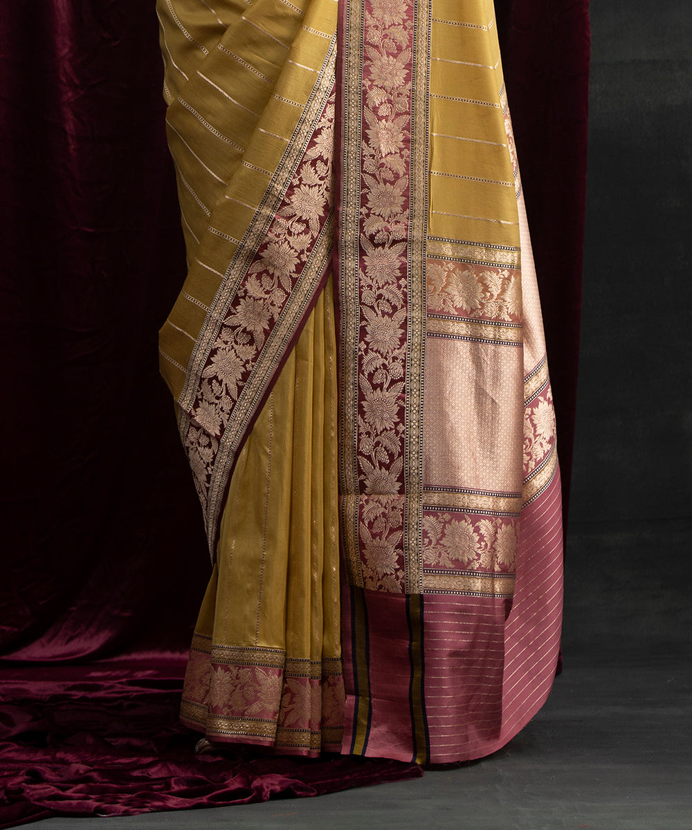 Handloom_Mustard_Organza_and_Silk_Banarasi_Saree_With_Pink_Border_WeaverStory_04