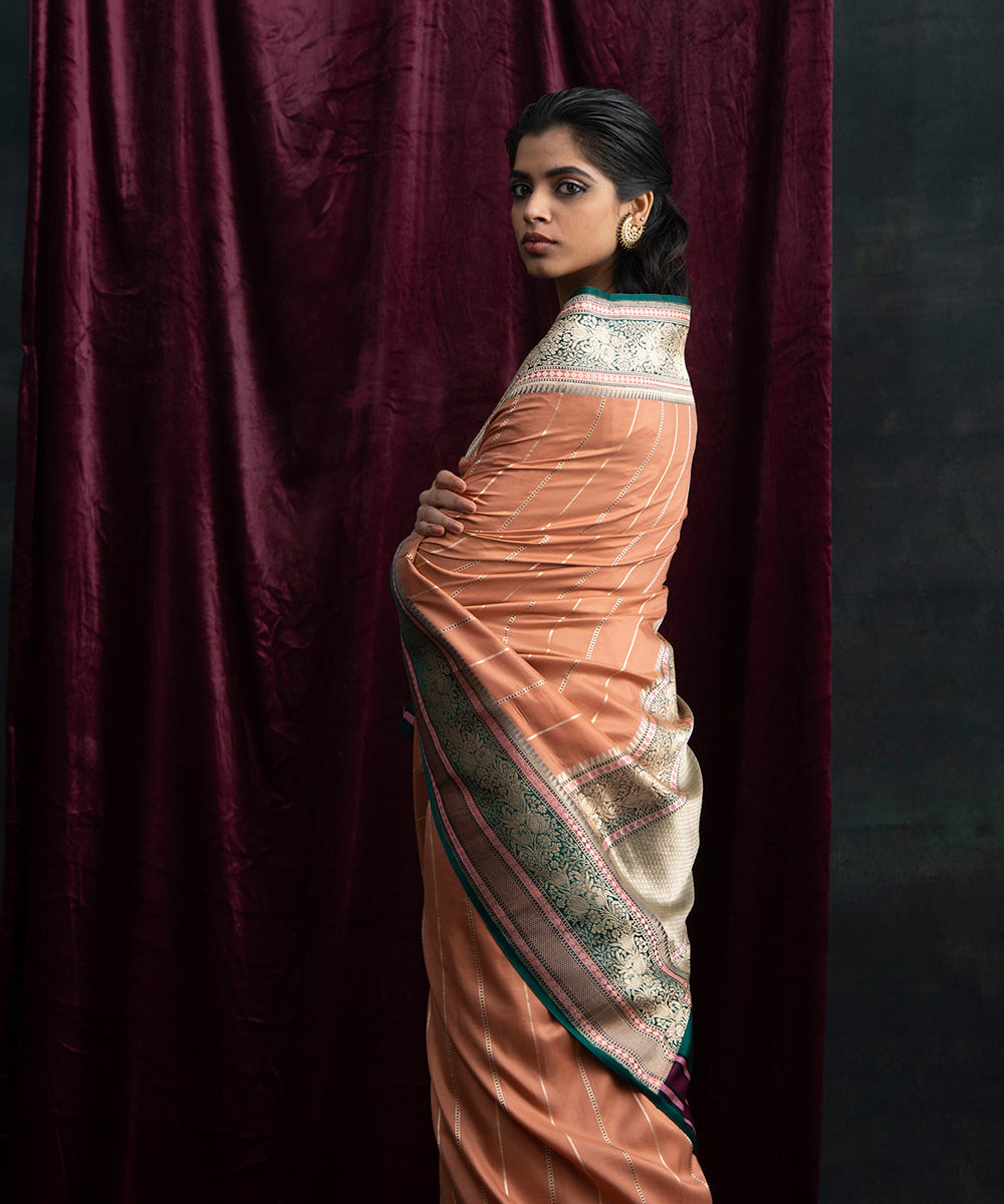 Peach_Handloom_Silk_Organza_Banarasi_Saree_With_Green_Border_WeaverStory_01