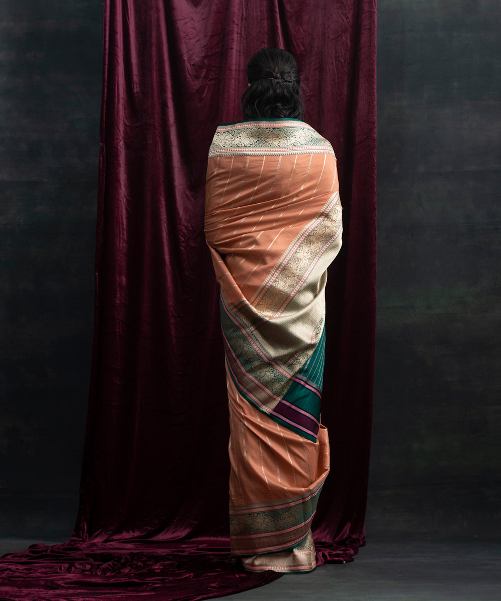 Peach_Handloom_Silk_Organza_Banarasi_Saree_With_Green_Border_WeaverStory_03