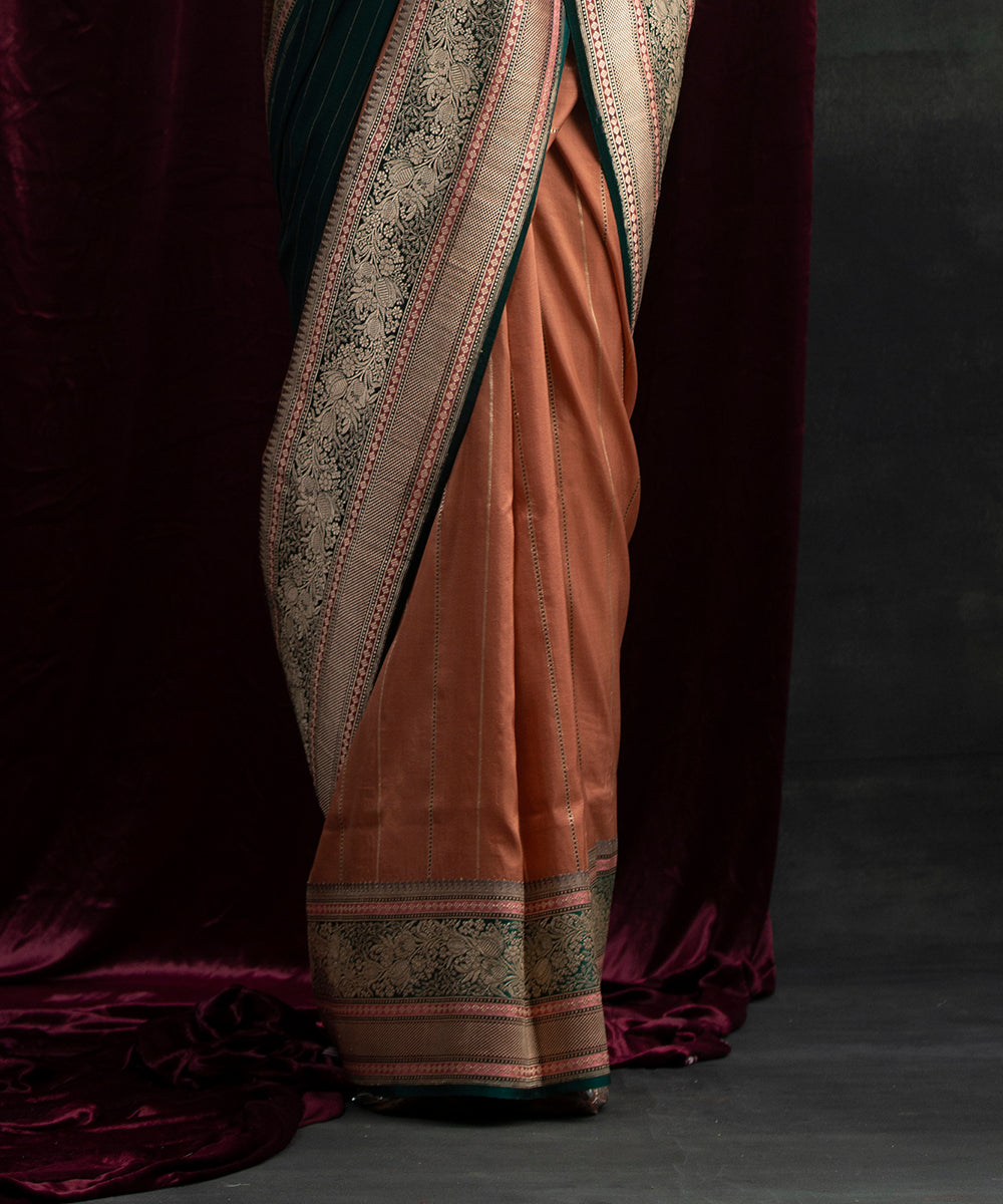 Peach_Handloom_Silk_Organza_Banarasi_Saree_With_Green_Border_WeaverStory_04