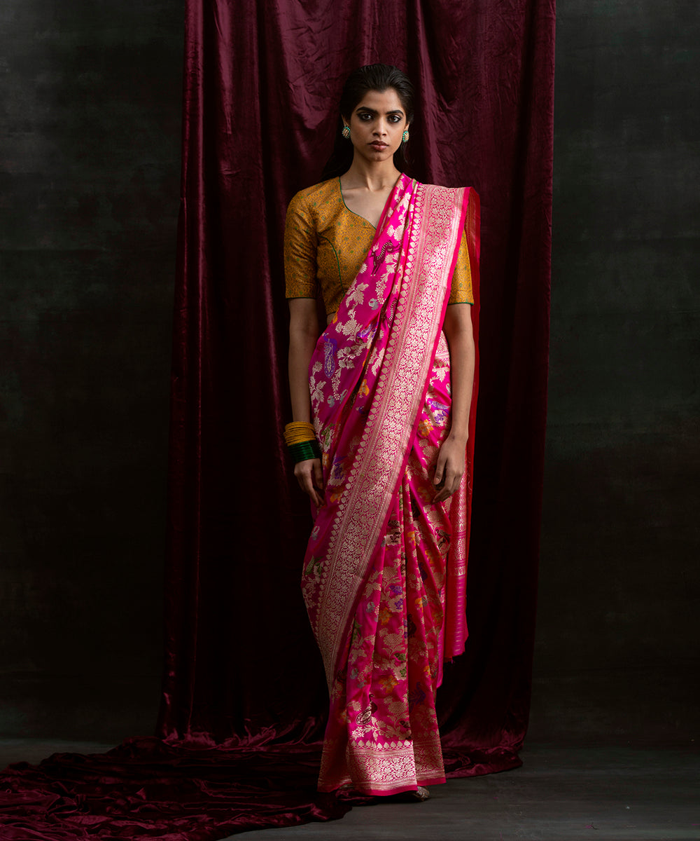 Handloom_Hot_Pink_Shikargah_Pure_Katan_Silk_Banarasi_Saree_With_Meenakari_WeaverStory_02