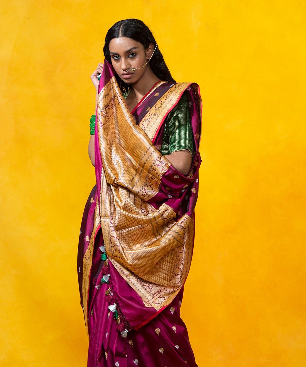 Purple_Handloom_Kadhwa_Booti_Pure_Katan_Silk_Banarasi_Saree_With_Gold_And_Silver_Zari_WeaverStory_01