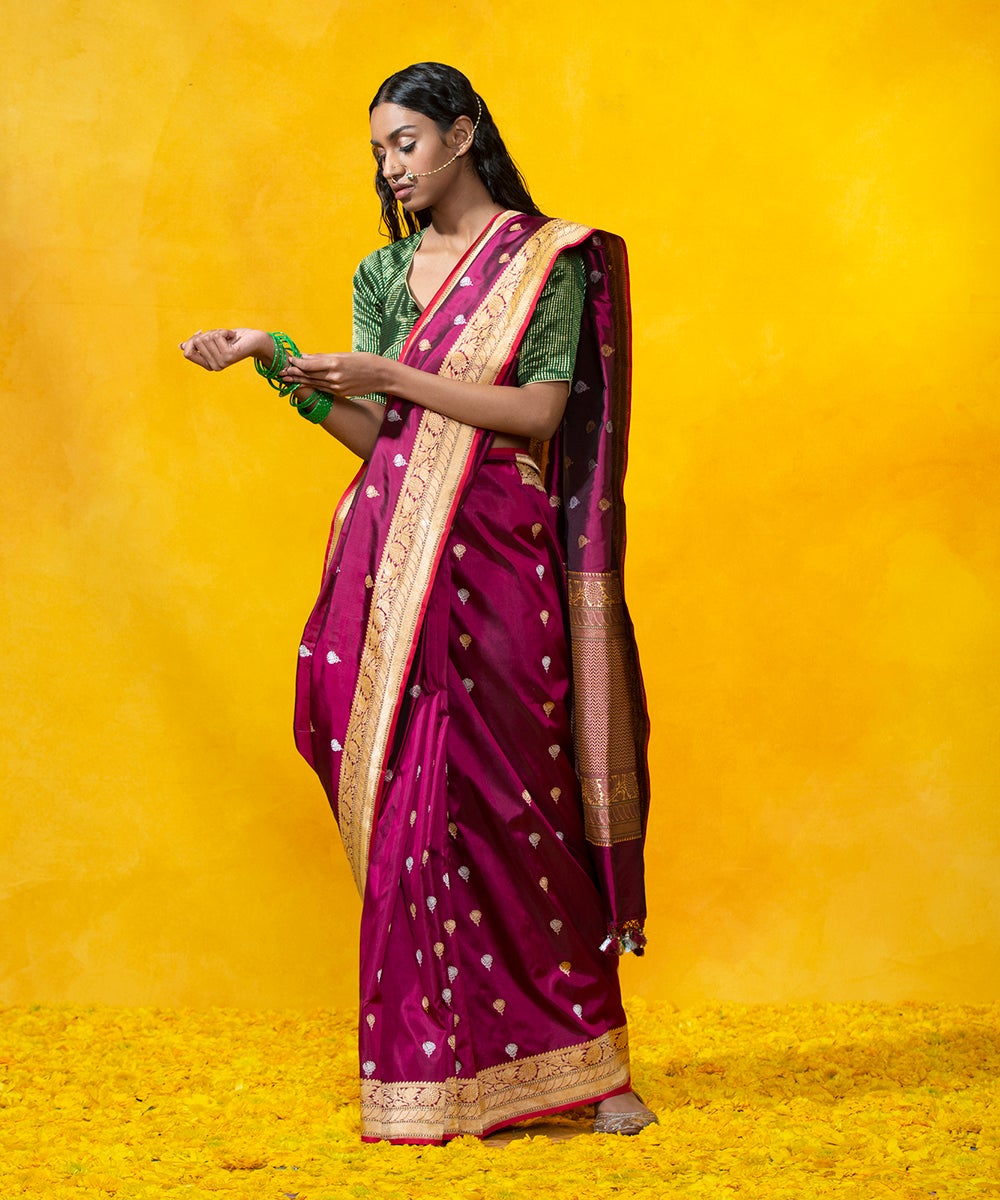 Purple_Handloom_Kadhwa_Booti_Pure_Katan_Silk_Banarasi_Saree_With_Gold_And_Silver_Zari_WeaverStory_02