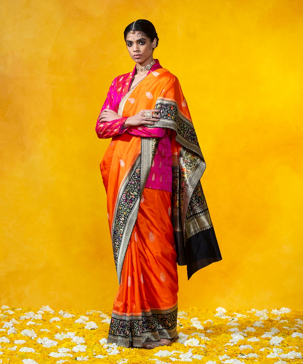 Orange_Handloom_Kadhwa_Booti_Pure_Katan_Silk_Banarasi_Saree_With_Five_Color_Meenakari_Border_WeaverStory_02