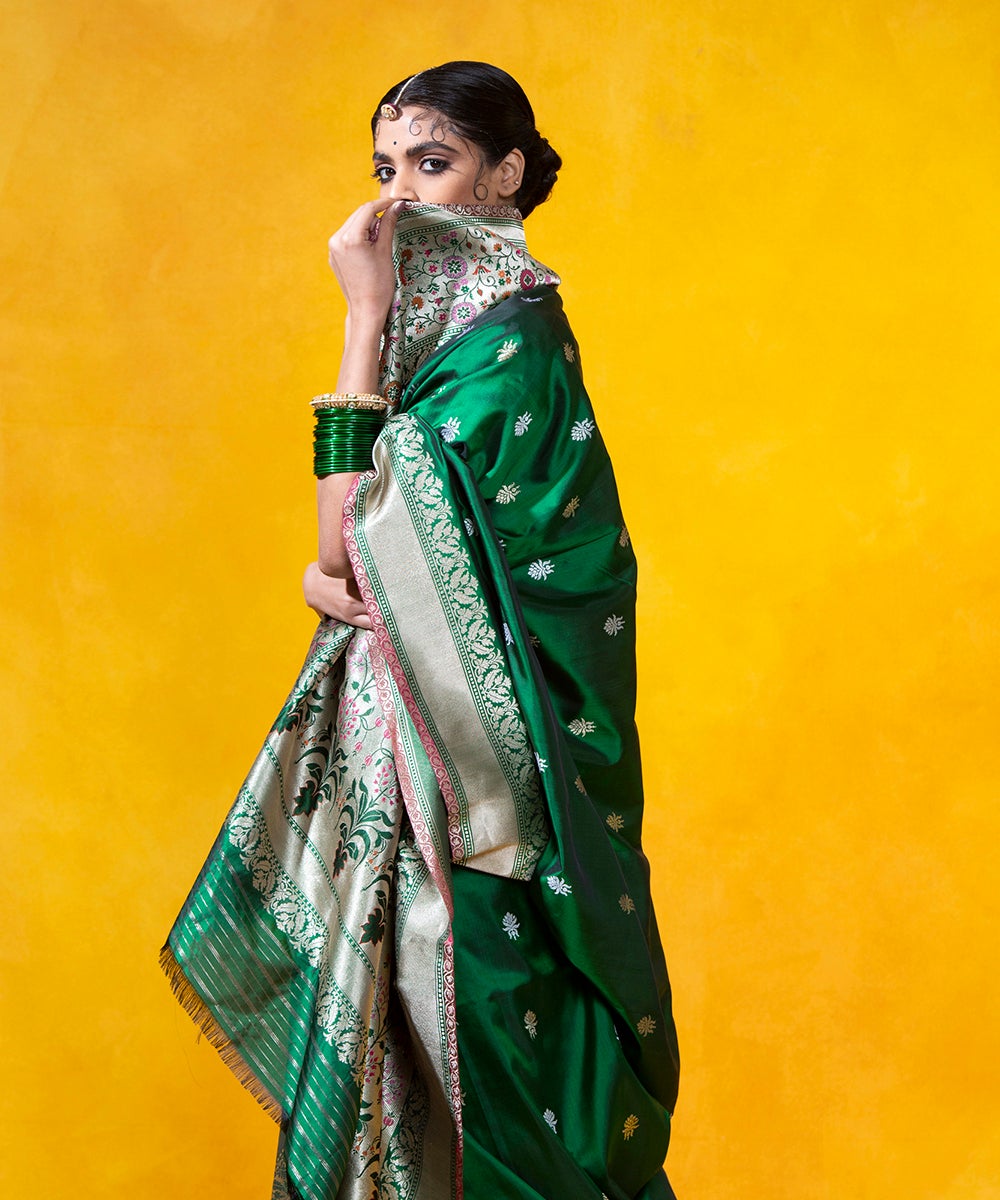 Handloom_Green_Pure_Katan_Silk_Banarasi_Saree_With_Kadhwa_Booti_and_Five_Color_Meenakari_Border_WeaverStory_01