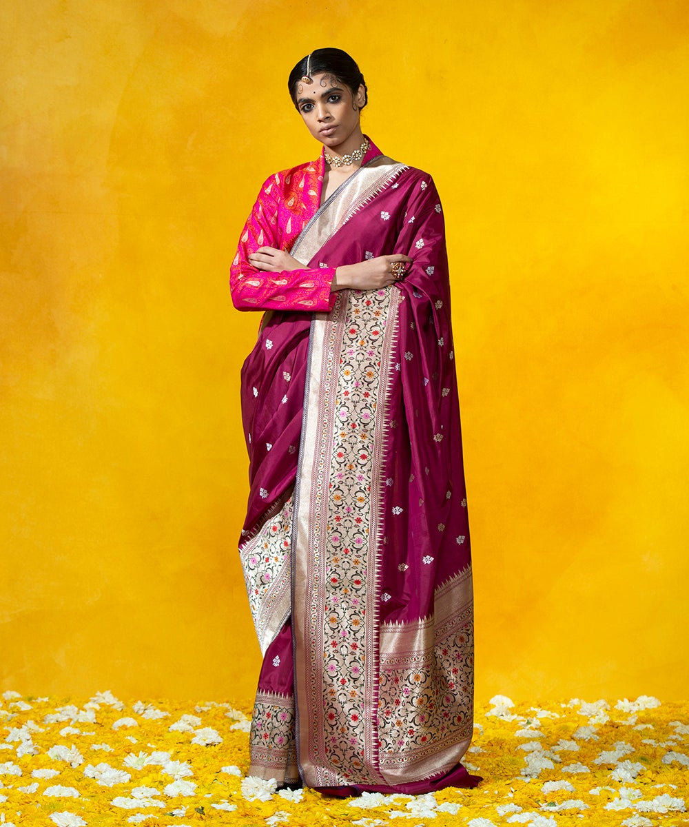Wine_Handloom_Kadhwa_Booti_Pure_Katan_Silk_Banarasi_Saree_With_5_Color_Meenakari_Border_WeaverStory_02