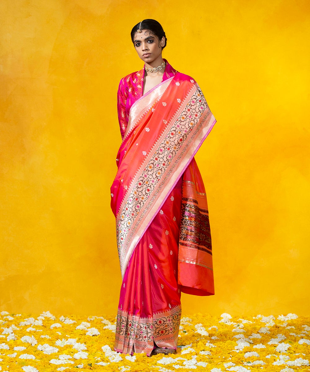 Handloom_Pink_And_Orange_Pure_Katan_Silk_Banarasi_Saree_With_Kadhwa_Booti_and_Five_Color_Meenakari_Border_WeaverStory_02