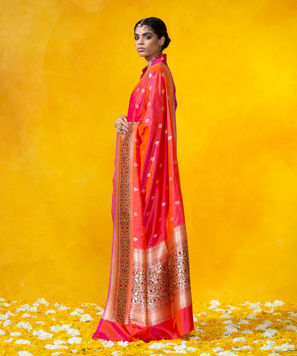 Handloom_Pink_And_Orange_Pure_Katan_Silk_Banarasi_Saree_With_Kadhwa_Booti_and_Five_Color_Meenakari_Border_WeaverStory_03