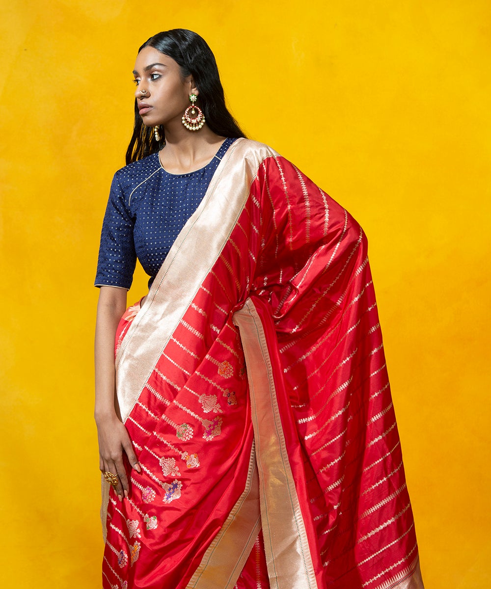 Red_Handloom_Kadhwa_Stripes_Pure_Katan_Silk_Banarasi_Saree_With_Meenakari_Booti_WeaverStory_01
