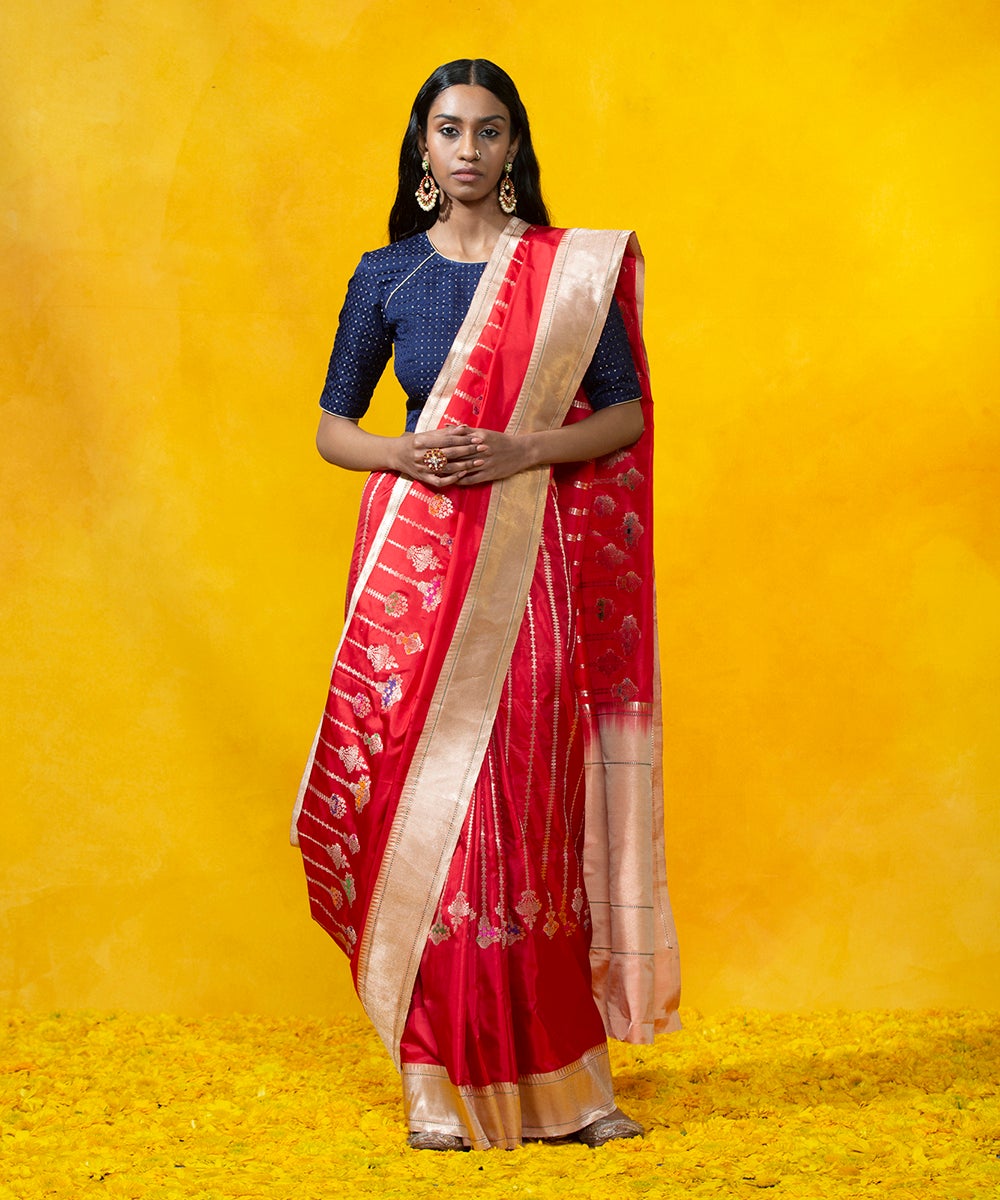 Red_Handloom_Kadhwa_Stripes_Pure_Katan_Silk_Banarasi_Saree_With_Meenakari_Booti_WeaverStory_02