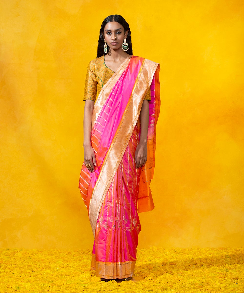 Handloom_Pink_Kadhwa_Stripes_Pure_Katan_Silk_Banarasi_Saree_With_Zari_Stripes_WeaverStory_02