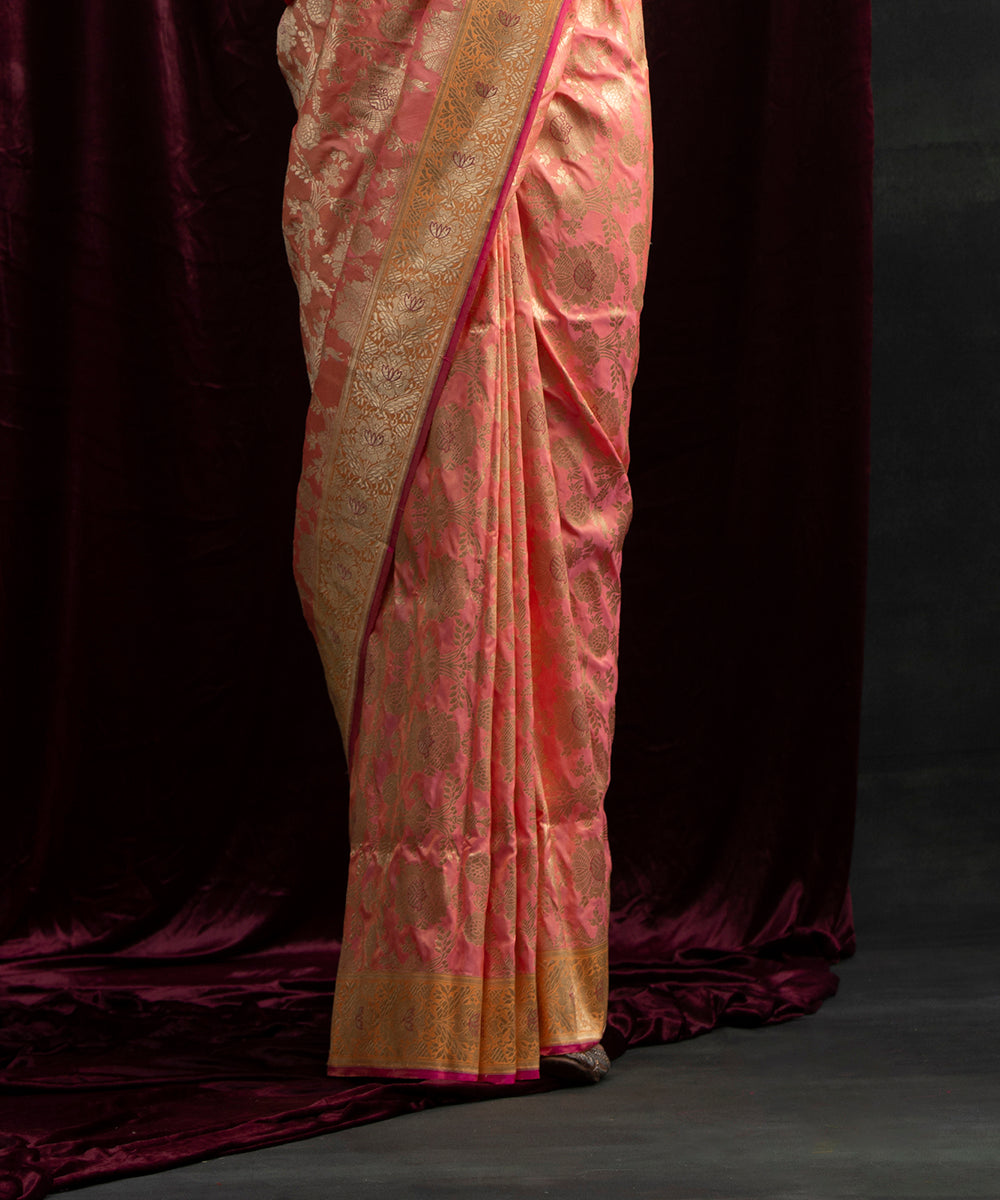 Peach_Handloom_Kadhwa_Jangla_Pure_Katan_Silk_Banarasi_Saree_With_Yellow_Border_WeaverStory_03