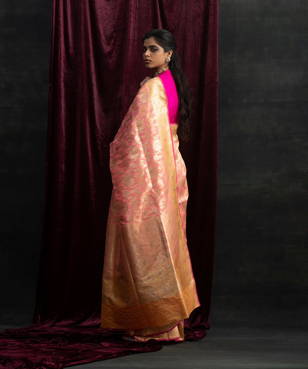 Peach_Handloom_Kadhwa_Jangla_Pure_Katan_Silk_Banarasi_Saree_With_Yellow_Border_WeaverStory_04