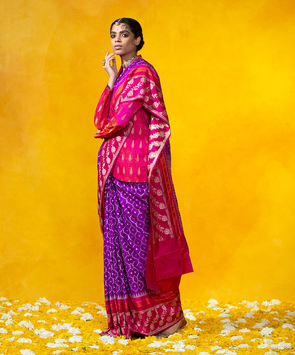 Purple_Handloom_Cutwork_Jamdani_Pure_Katan_Silk_Banarasi_Saree_With_Pink_Broad_Border_WeaverStory_02