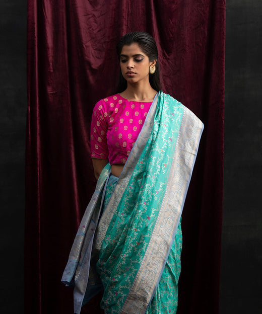 Aqua Blue Handloom Pure Katan Silk Banarasi Saree with Kadhwa Meenakari Jangla and Lavender Border