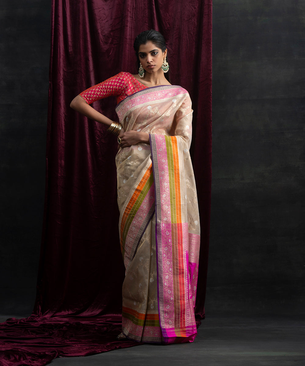 Beige_And_Gold_Handloom_Tissue_Silk_Banarasi_Saree_with_Jangla_and_Colored_Stripes_Border_WeaverStory_02