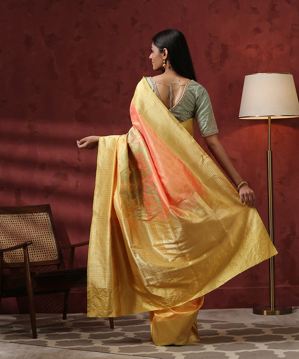 Handloom_Peach_And_Orange_Rangkaat_Pure_Katan_Silk_Banarasi_Saree_WeaverStory_03