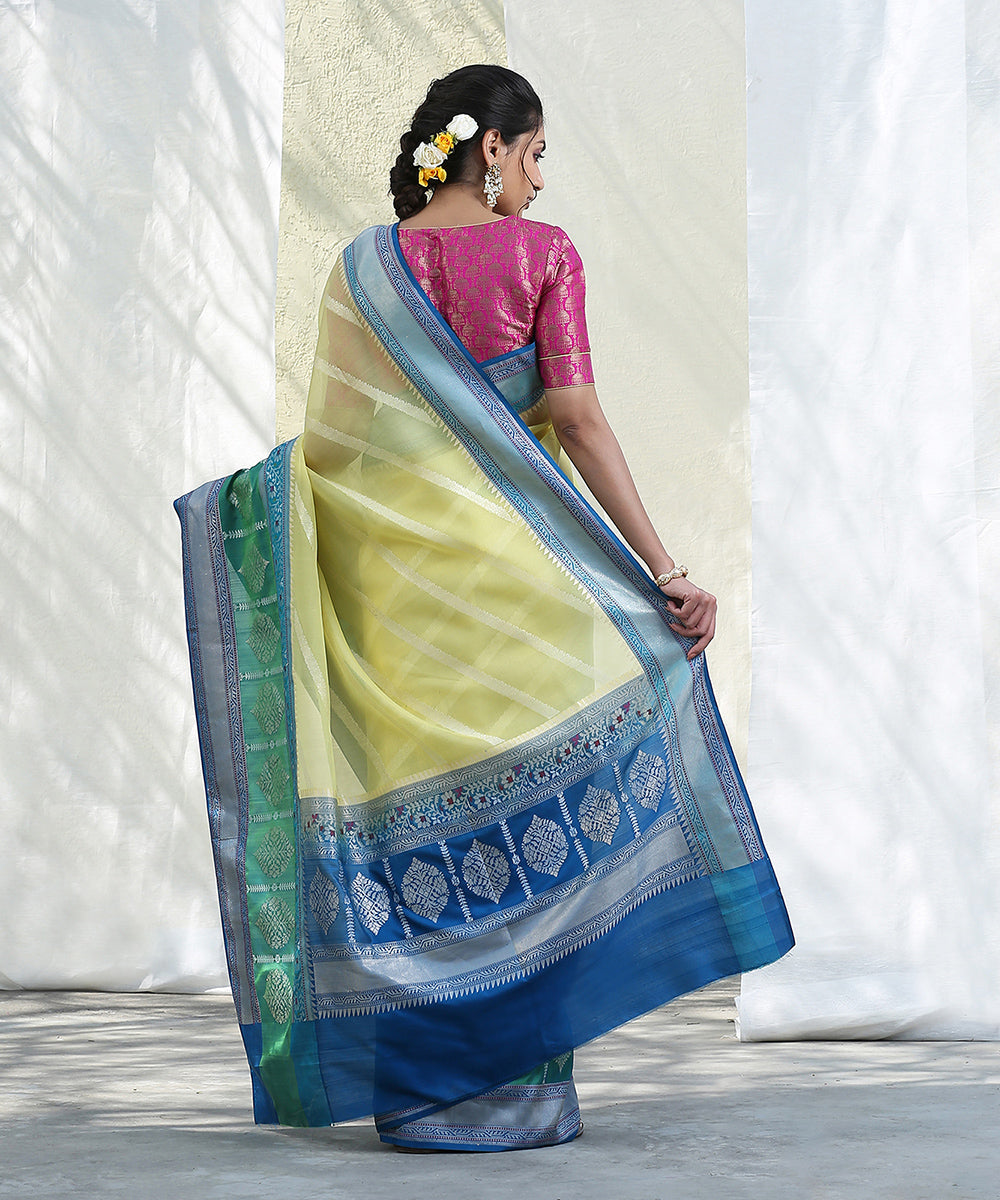 Yellow_Handloom_Kora_Silk_Banarasi_Saree_With_Peacock_Blue_Broad_Border_WeaverStory_03