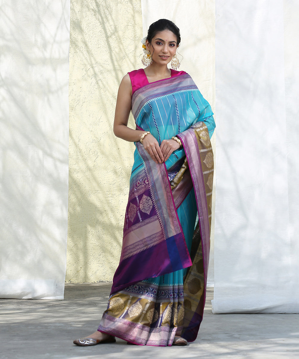 Handloom_Aqua_Kora_Silk_Banarasi_Saree_With_Olive_Broad_Border_WeaverStory_02