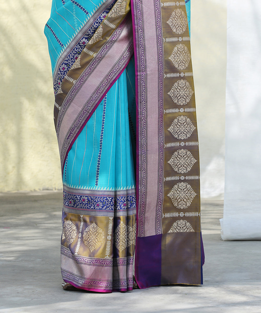 Handloom_Aqua_Kora_Silk_Banarasi_Saree_With_Olive_Broad_Border_WeaverStory_04