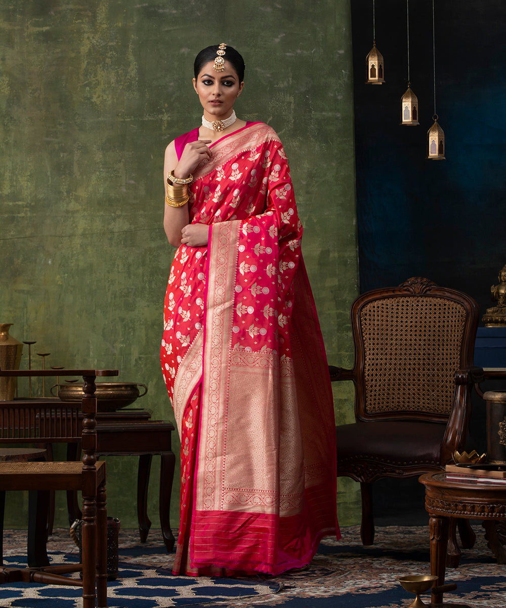 Hot_Pink_Handloom_Pure_Katan_Silk_Banarasi_Saree_with_Gold_and_Silver_Sunflower_Motifs_WeaverStory_02