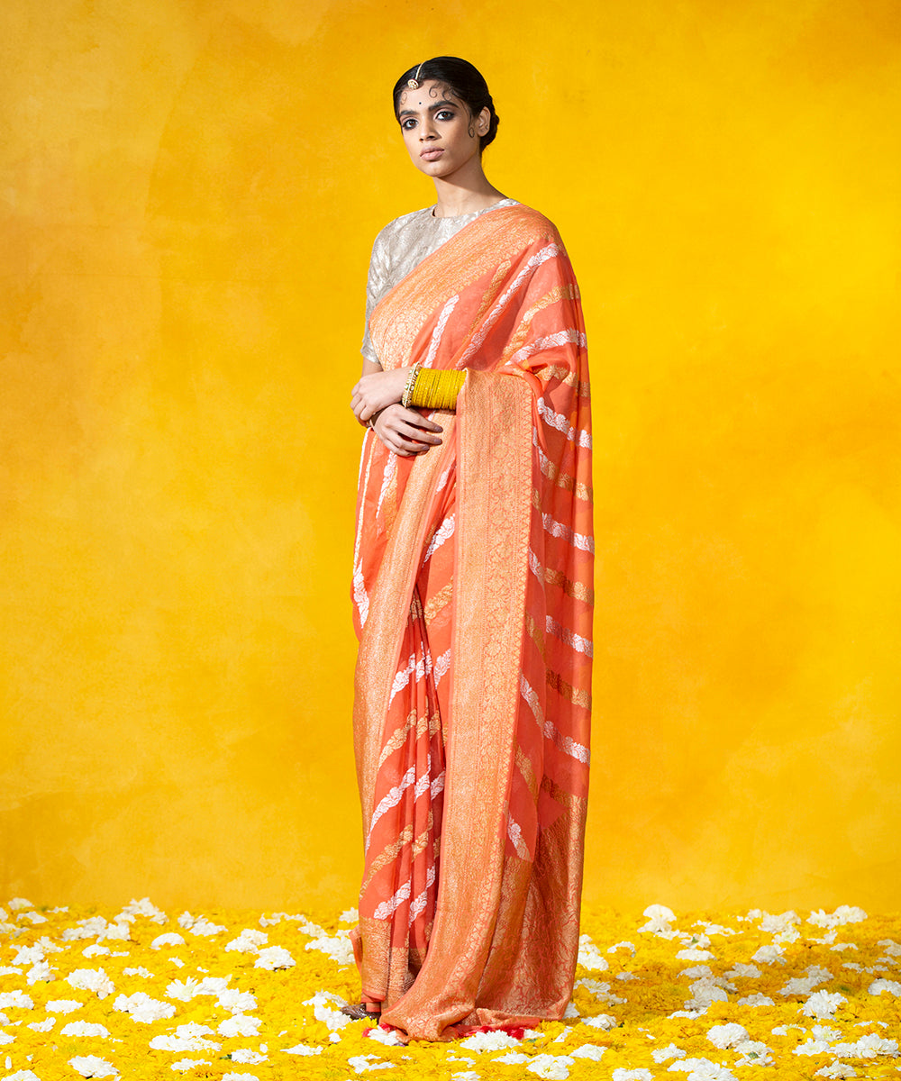 Handloom_Coral_Orange_Banarasi_Georgette_Saree_With_Gold_And_Silver_Zari_Aada_Bel_WeaverStory_02