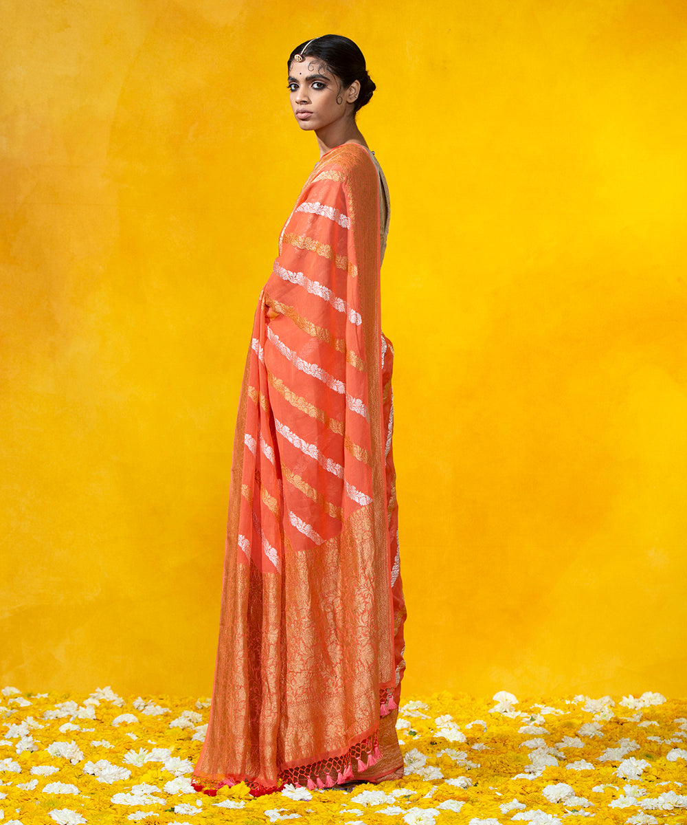 Handloom_Coral_Orange_Banarasi_Georgette_Saree_With_Gold_And_Silver_Zari_Aada_Bel_WeaverStory_03