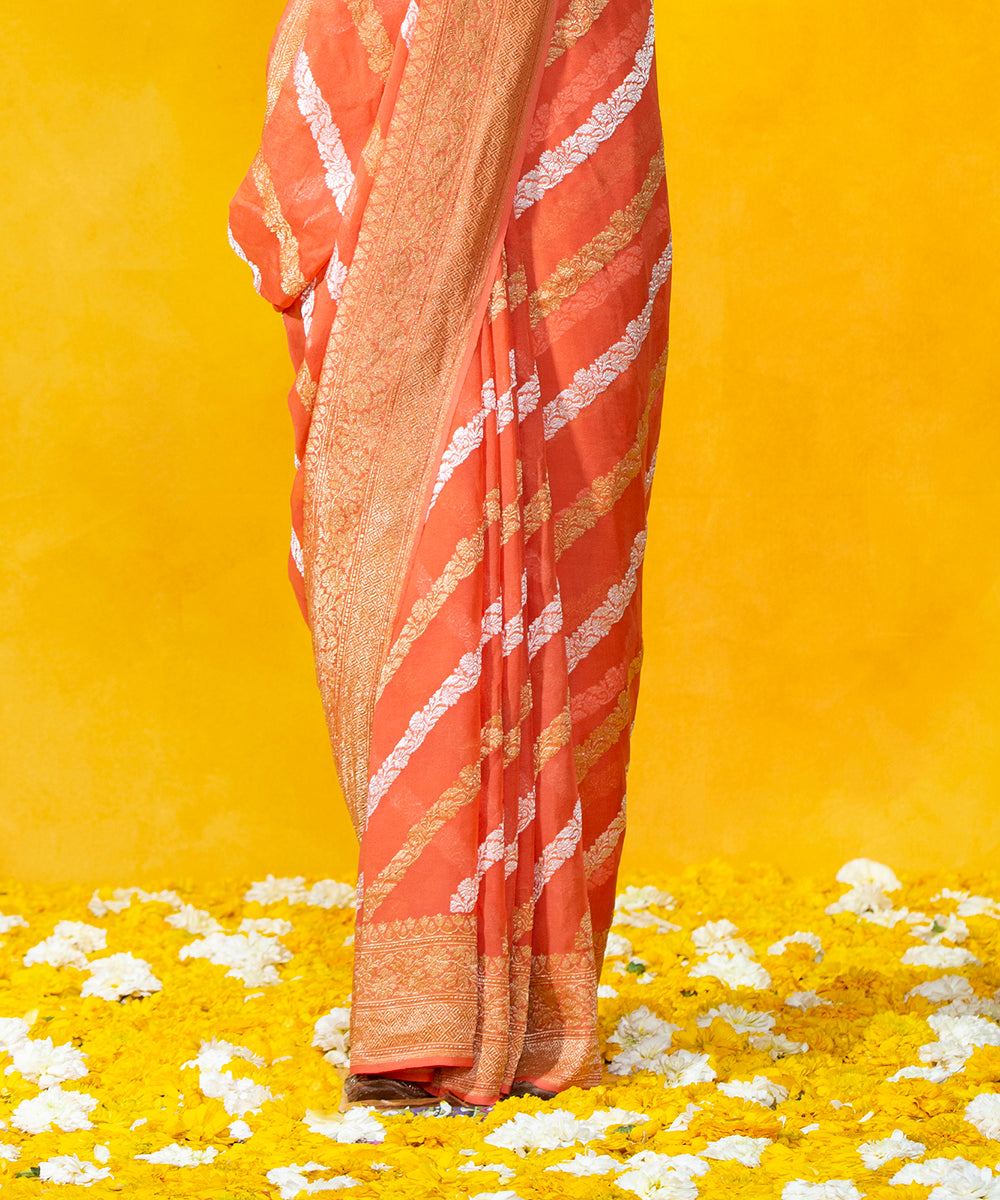 Handloom_Coral_Orange_Banarasi_Georgette_Saree_With_Gold_And_Silver_Zari_Aada_Bel_WeaverStory_04
