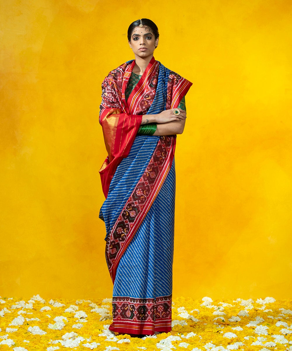 Handloom_Blue_Mulberry_Silk_Diagonal_Weave_Ikat_Patola_Saree_With_Maroon_Border_WeaverStory_02