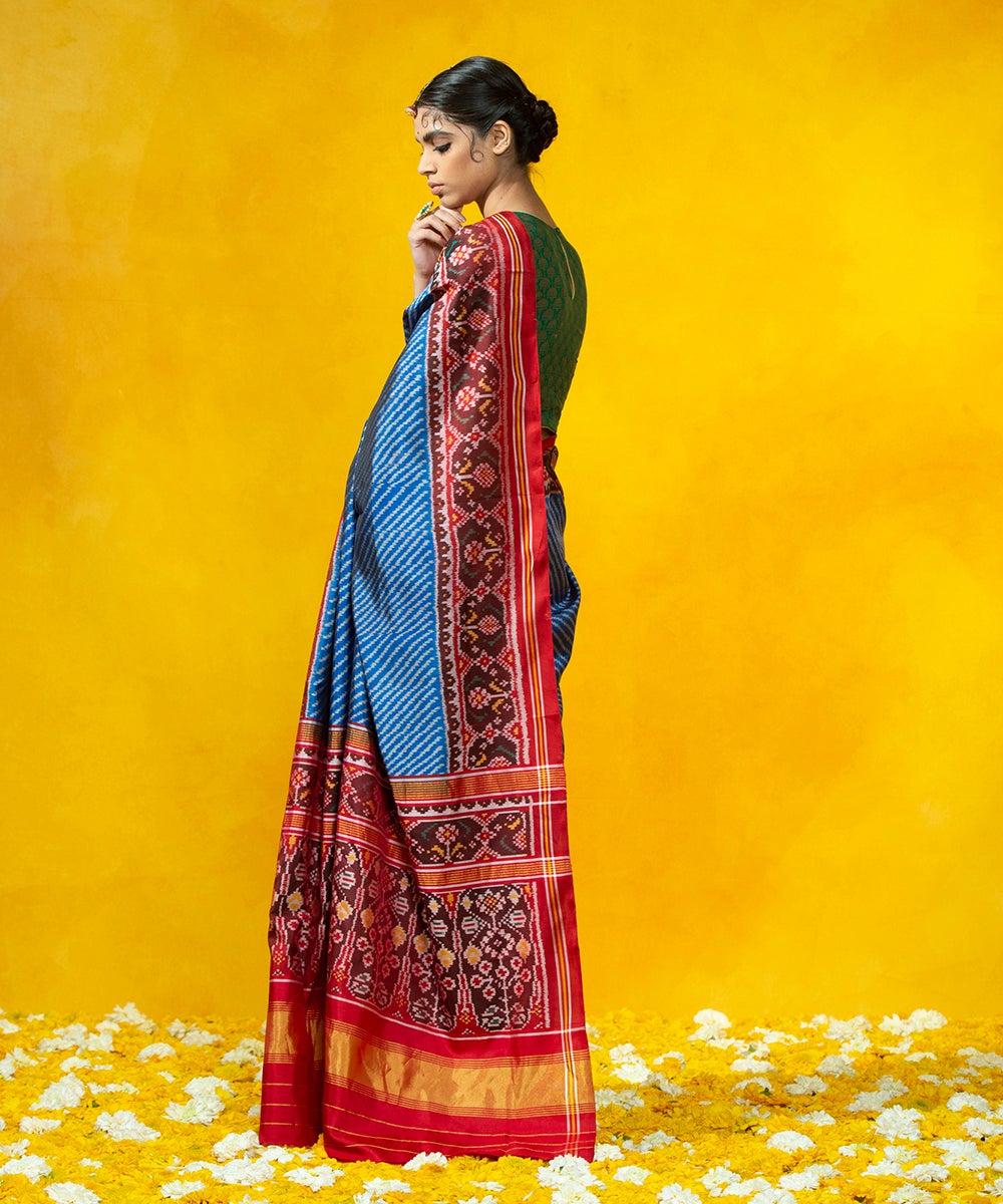 Handloom_Blue_Mulberry_Silk_Diagonal_Weave_Ikat_Patola_Saree_With_Maroon_Border_WeaverStory_03